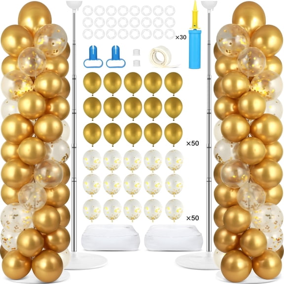 Balloon Column Stand Kit White and Gold Party Decoration, 2 Set