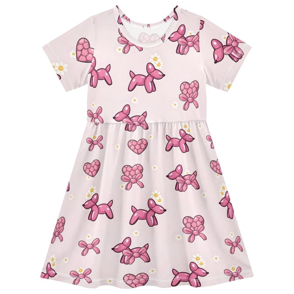 Balloon Daisy Dog Pattern Short Sleeve Dress A-Line Cute Midi Casual Sundress 2-8 Years