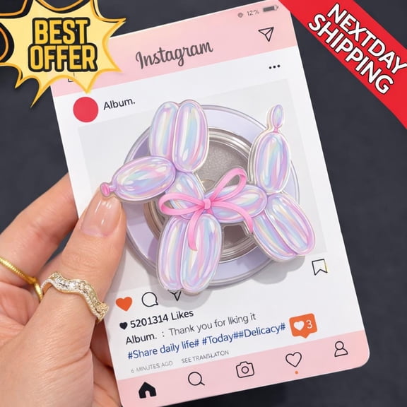Balloon Dog Phone, Iridescent Cute Phone, Pink Bow Aesthetic Phone Grip, Animal Lover Phone Holder, E-Reader Accessory