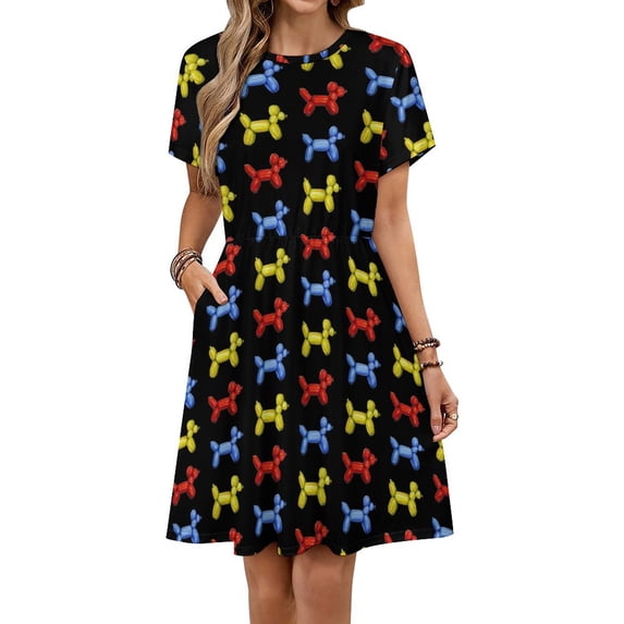 Balloon Dogs, Black Background Dress Summer Street Style Dresses Female Short Sleeve Printed Sundress