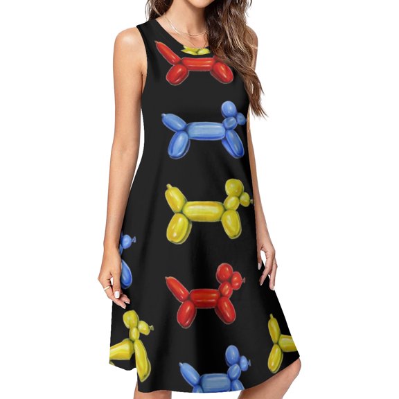 Balloon Dogs, Black Background Spring Summer Dresses for Women Fashion T-shirt Dress Casual Sleeveless Loose Sundress with Pockets