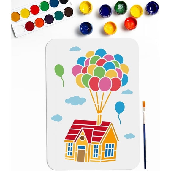 Balloon House Stencil 11.78.3inch Large Flying House Cabin Painting Stencil with Paint Brush Dreamy Home Cloud Travel Template DIY