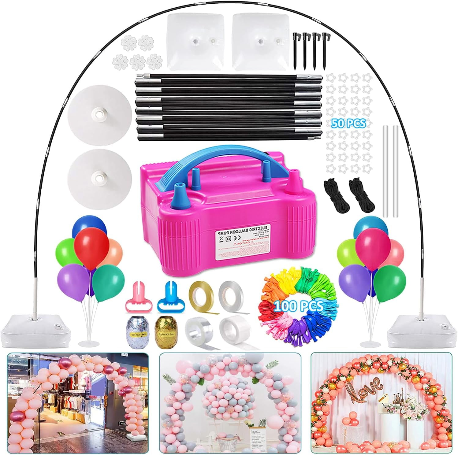 Balloon Pump Balloon Arch Kit, 170 Pcs Electric Balloon Air Pump Balloon Inflator with 12Ft Balloon Arch Stand and 100 Pcs Balloons for Birthday Wedding Party Christmas