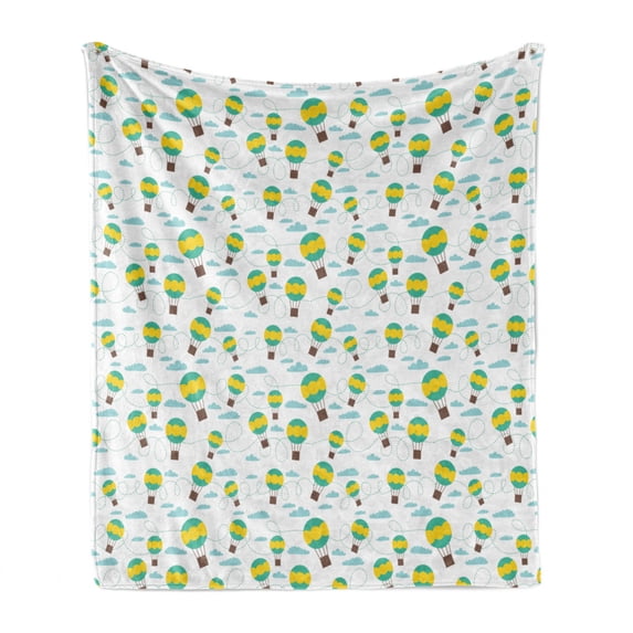 Balloon Soft Flannel Fleece Blanket, Pattern with Cartoon Style Hot Air Balloons in Sky Swirling Dashed Lines and Clouds, Cozy Plush for Indoor and Outdoor Use, 70" x 90", Multicolor, by Ambesonne