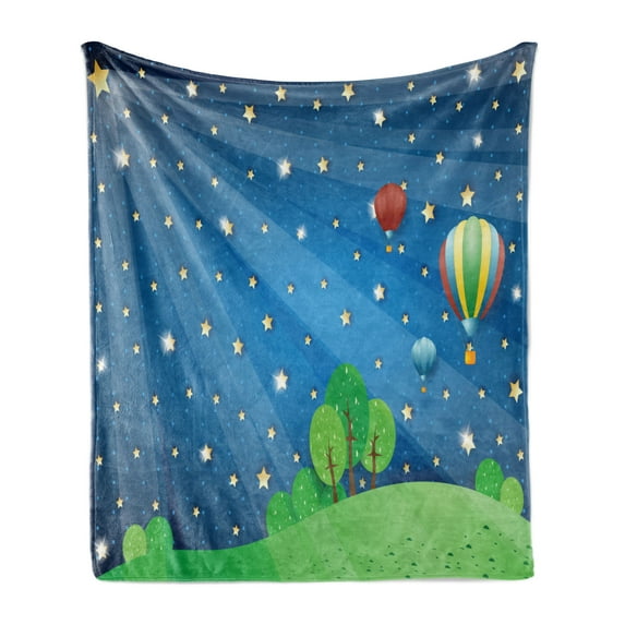 Balloon Soft Flannel Fleece Throw Blanket, Cartoon Balloons Floating in the Night Sky over the Hills Environment, Cozy Plush for Indoor and Outdoor Use, 50" x 70", Multicolor, by Ambesonne