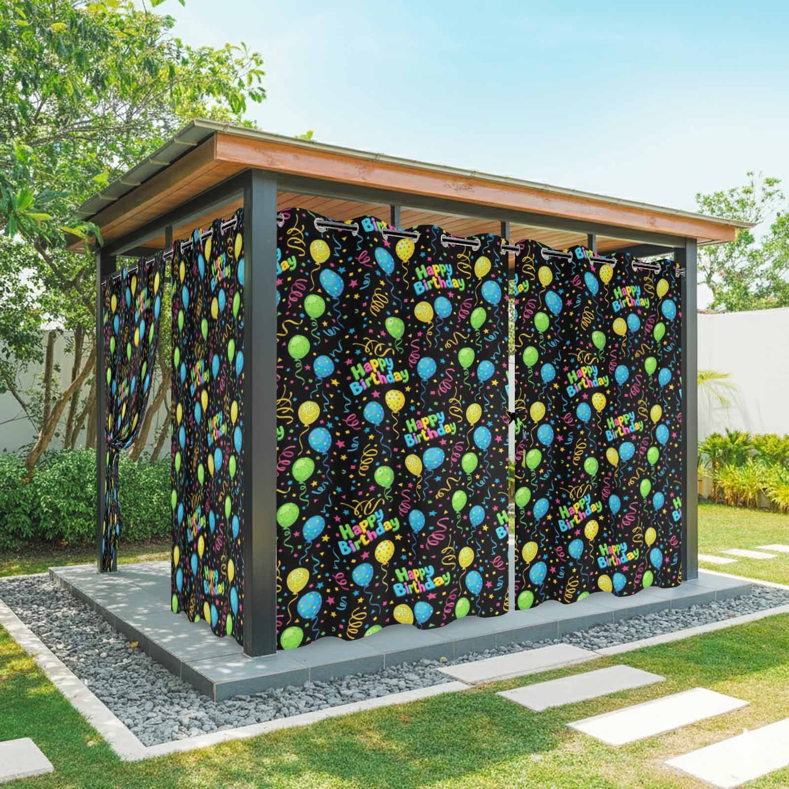 Balloon Stars Outdoor Curtains for Patio, Festival Happy Birthday Blue Green Yellow Balloon Black Sunshade Privacy Drapes Grommet Waterproof Outside Curtains for Porch Balcony 54"x108", 1 Panel