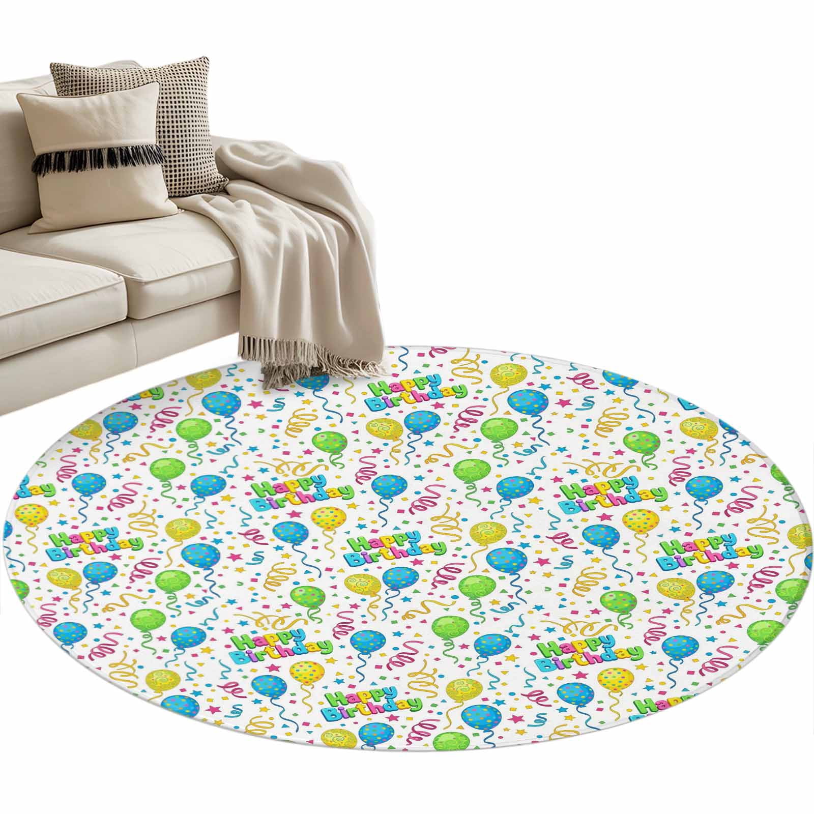 Balloon Stars Round Area Rugs 3 ft, Festival Happy Birthday Blue Green ...