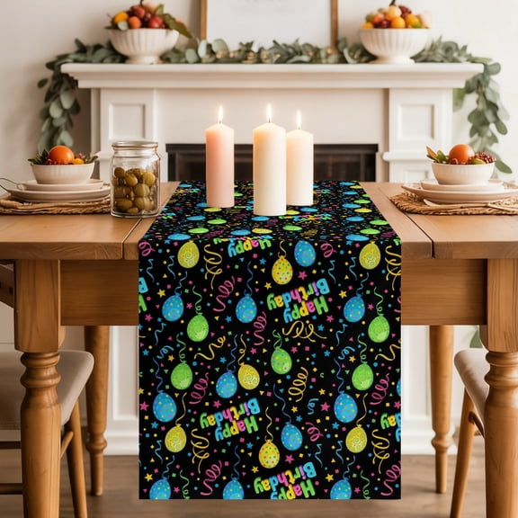 Balloon Stars Table Runner, Festival Happy Birthday Blue Green Yellow Balloon Black Washable Cotton-linen Table Runners Dining Kitchen Decoration for Everyday Home Wedding Party Decor, 18 x72 Inch