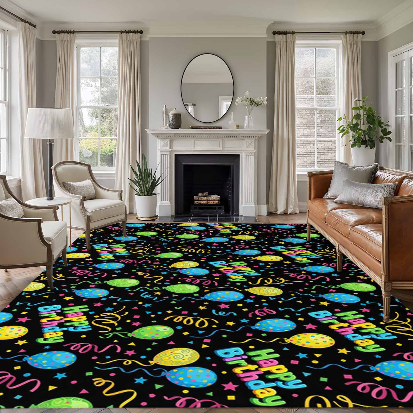 Balloon Stars Washable Area Rug 8 x 10 ft Festival Happy Birthday Blue ...