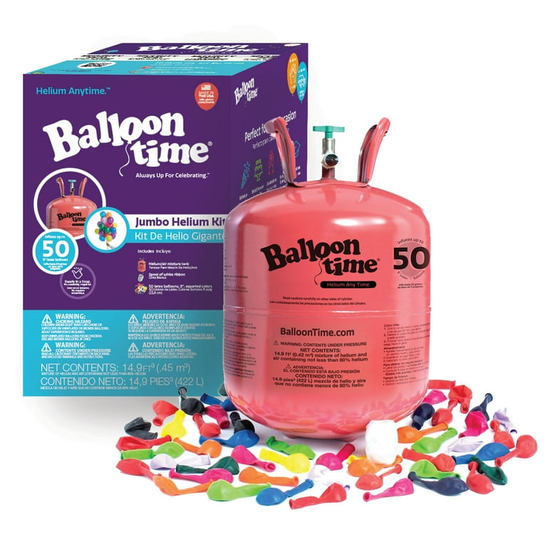 Balloon Time 12in Jumbo Helium Tank Kit with Colorful Latex Balloons 50 Count