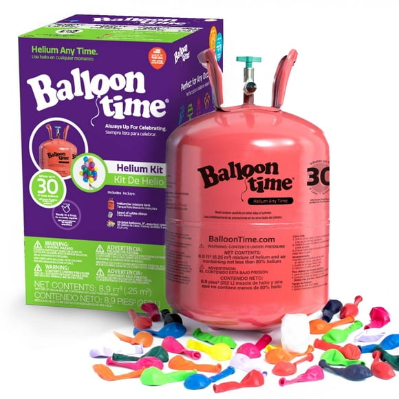 Balloon Time 9.5in Medium Helium Tank Kit with Colorful Latex Balloons, 8.9 cu ft, 30 Count