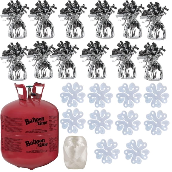 Balloon Time Disposable Helium Tank 14.9 cu.ft - 12 Silver Balloon Weights + 10 Flower Shape Balloon Clips + Curling Ribbon