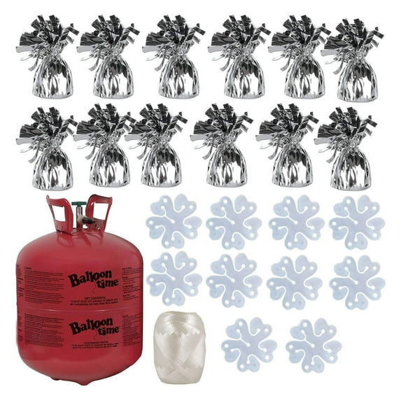 Balloon Time Disposable Helium Tank 14.9 cu.ft - 12 Silver Balloon Weights + Curling Ribbon and Flower Clips