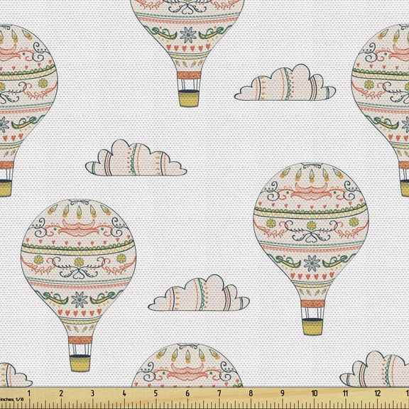 Balloon Upholstery Fabric by the Yard, Inspirations with Swirls Hearts and Flowers Flying Hot Air Balloon Pattern, Decorative Fabric for DIY and Home Accents, 2 Yards, Multicolor by Ambesonne