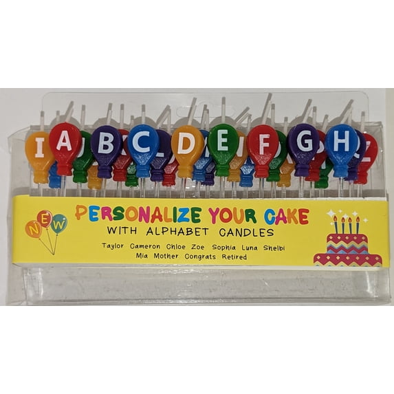 Balloon shaped birthday candles with letters spell the guest of honors name and place the candles on the cake.
