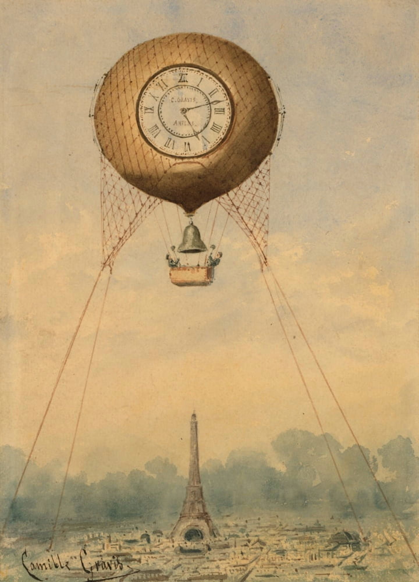Balloon with clock face over Eiffel Tower c1880-1900 Canvas Art - Camille Grvis (18 x 24)