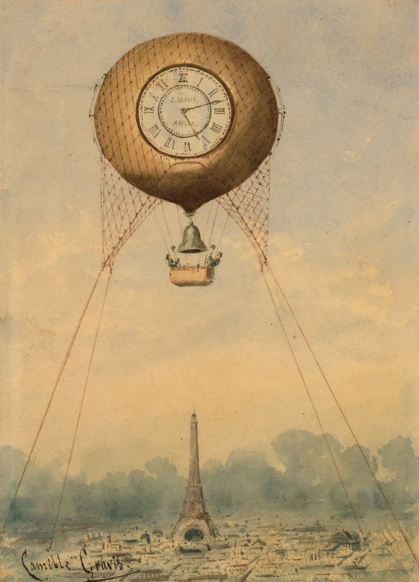 Balloon with clock face over Eiffel Tower c1880-1900 Canvas Art - Camille Grvis (24 x 36)