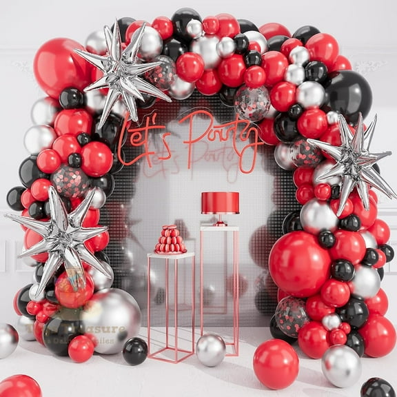 BalloonBuzz 140pcs Black and Red Balloons, Balloons Arch Kit | Confetti Latex Balloons Silver Star Foil Balloon for Birthday Anniversary Party Decorations (Red Black)