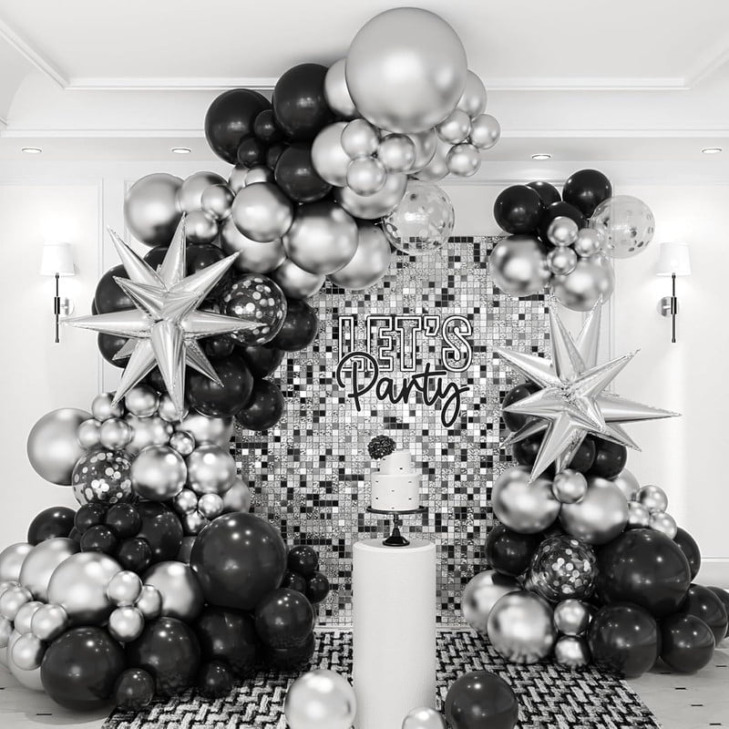 BalloonBuzz 140pcs Black and Silver Balloons, Balloons Arch Kit | Confetti Latex Balloons Silver Star Foil Balloon for Birthday Anniversary Party Decorations (Black Silver)