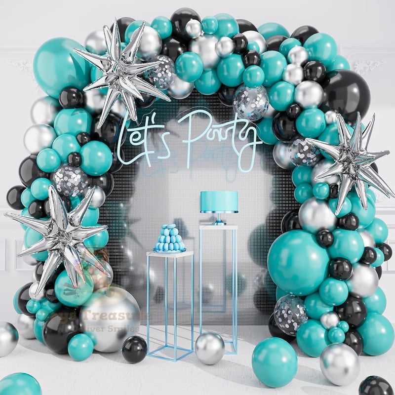 BalloonBuzz 140pcs Black and Teal Balloons, Balloons Arch Kit | Confetti Latex Balloons Silver Star Foil Balloon for Birthday Anniversary Party Decorations (Teal Black)