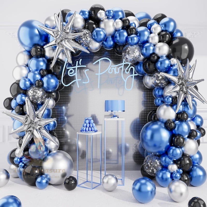 BalloonBuzz 140pcs Black and blue Balloons, Balloons Arch Kit | Confetti Latex Balloons silver Star Foil Balloon for Birthday Anniversary Party Decorations (Blue Black)