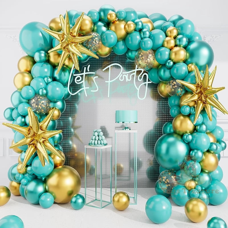 BalloonBuzz 140pcs Teal and Golden Balloons, Balloons Arch Kit | Confetti Latex Balloons Golden Star Foil Balloon for Birthday Anniversary Party Decorations (Teal Gold)