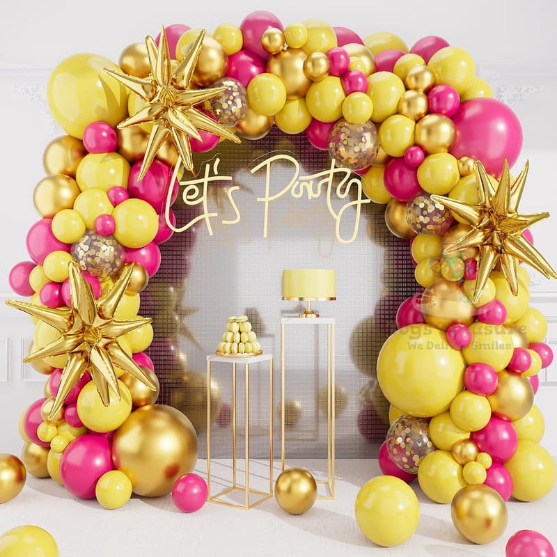 BalloonBuzz 140pcs Yellow and Pink Balloons, Balloons Arch Kit | Confetti Latex Balloons Golden Star Foil Balloon for Birthday Anniversary Party Decorations (Yellow Pink)