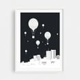 thumbnail image 1 of Balloons And The City - Illustration Hot Air Balloon Silhouette Cityscape Minimalist Black and White Skyline Geometric White Framed Wall Art Print 18 x 24 inches, 1 of 1