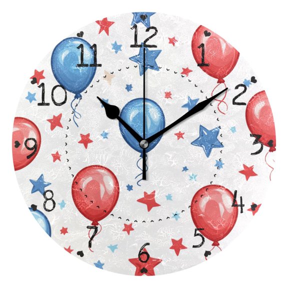 Balloons Stars Independence Day Round Wall Clock Silent Analog Battery Operated Black Pointer Home Decor 9.84" Diameter