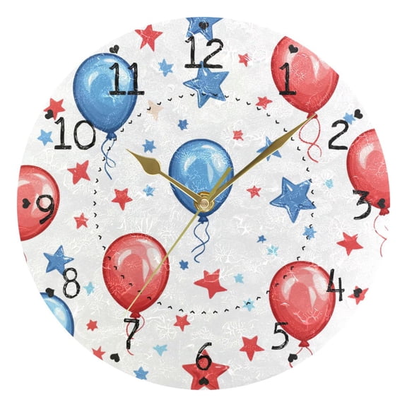 Balloons Stars Independence Day Round Wall Clock Silent Analog Battery Operated Gold Pointer Home Decor 9.84" Diameter