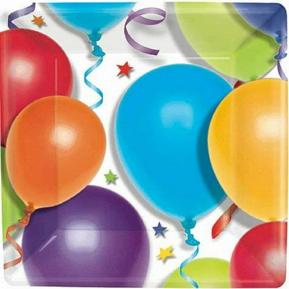 Balloons & Stars Streamers Celebration Birthday Party 10" Square Banquet Plates