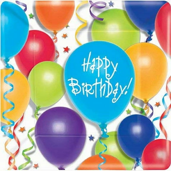 Balloons & Stars Streamers Celebration Birthday Party 7" Square Dessert Plates