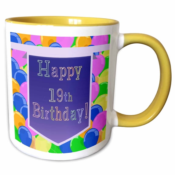 3drose, Balloons with Purple Banner Happy 19th Birthday, 15oz Two-tone Yellow Mug