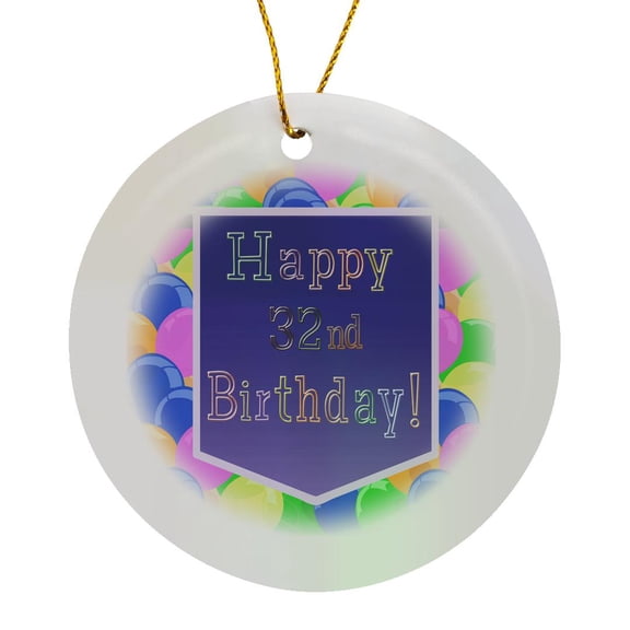 3drose, Balloons with Purple Banner Happy 32nd Birthday, Circle Porcelain Ornament