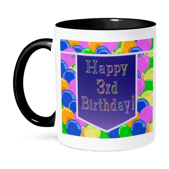 3dRose, Balloons with Purple Banner Happy 3rd Birthday, 15oz Two-Tone Black Mug