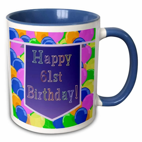 3drose, Balloons with Purple Banner Happy 61st Birthday, 15oz Two-tone Blue Mug