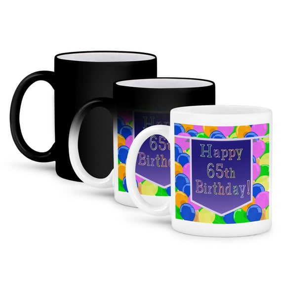 3dRose, Balloons with Purple Banner Happy 65th Birthday, 11oz Magic Transforming Mug