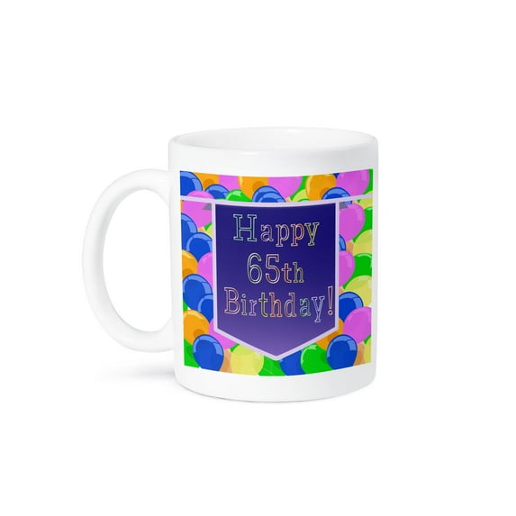 3dRose, Balloons with Purple Banner Happy 65th Birthday, 15oz Mug