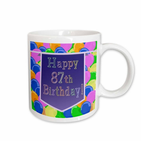 3drose, Balloons with Purple Banner Happy 87th Birthday, 11oz Mug