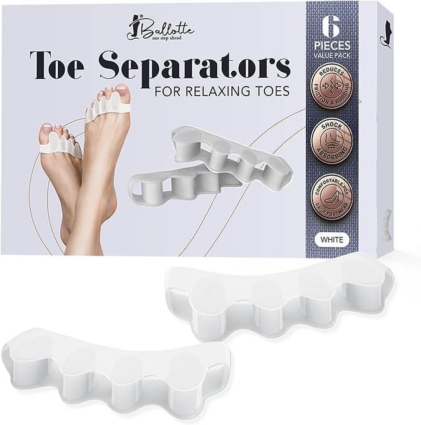 Ballotte Premium Toe Spacers (White 6 Pack), Toe Separators for Feet, Toe Spreader & Foot Stretcher, Big Toe Straightener, Bunion Corrector, and Hammer Toe Corrector for Men and Women