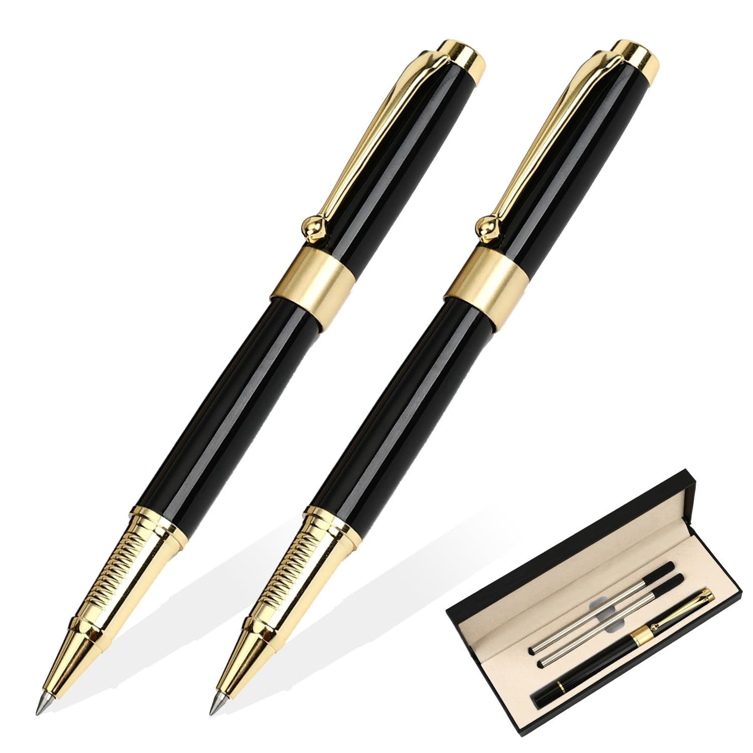 Ballpoint Pen Black Refill Luxury Line Width 0.5mm Ball Gift Set For Men & Women Professional Executive Office Nice Ballpens Classy Box (2 Black)