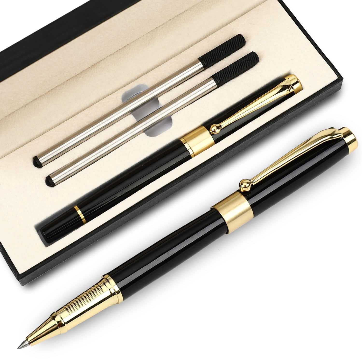 Ballpoint Pen Black Refill Luxury Line Width 0.5mm Ball Gift Set For Men & Women Professional Executive Office Nice Ballpens Classy Box (black)