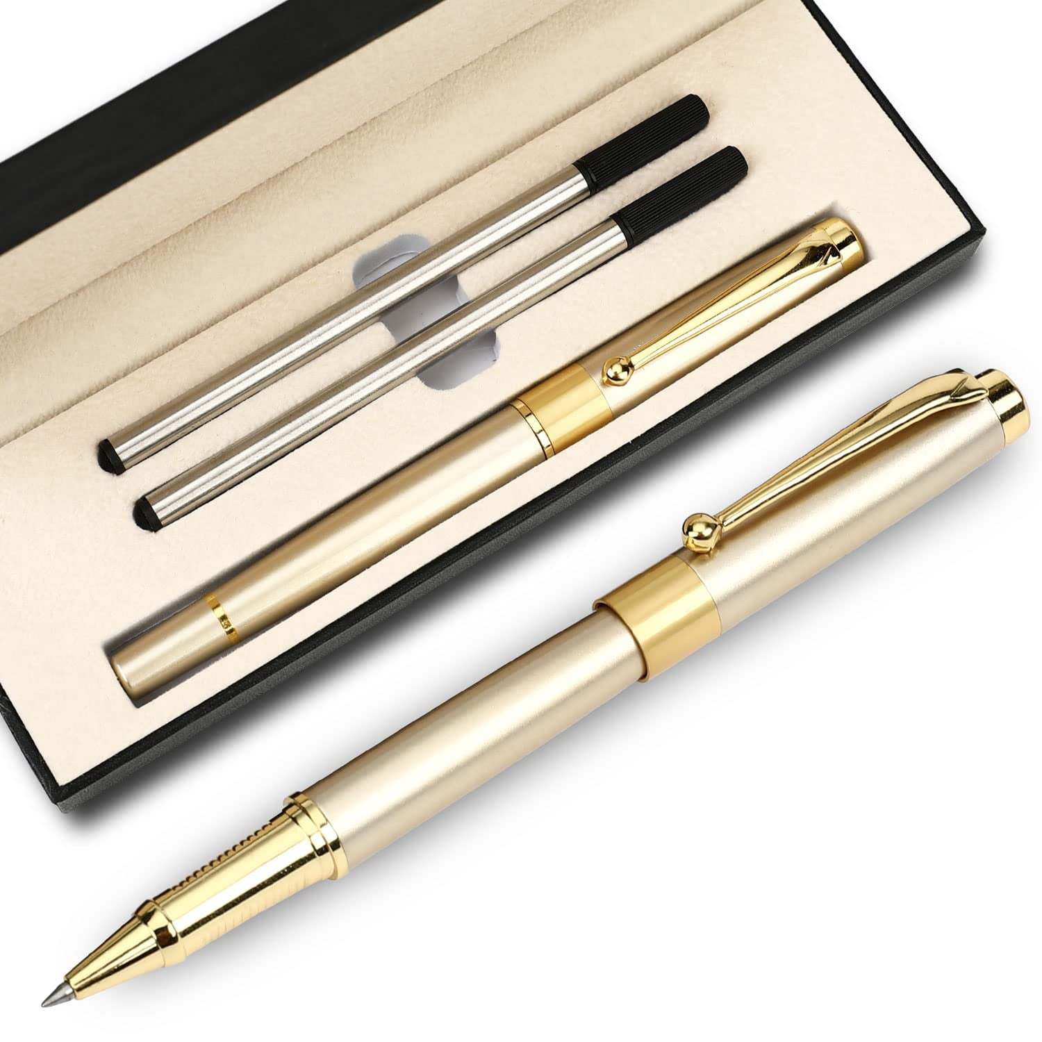 Ballpoint Pen Black Refill Luxury Line Width 0.5mm Ball Gift Set For Men & Women Professional Executive Office Nice Ballpens Classy Box (gold)