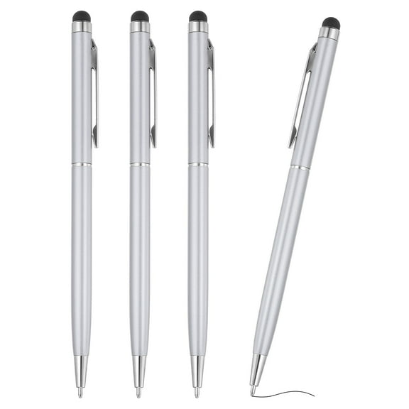 Ballpoint Pen with Stylus Tip, 4Pcs 2 in 1 Metal Pen Black Ink 1.0mm Medium Point Stylus Pen for Touch Screens, Silver