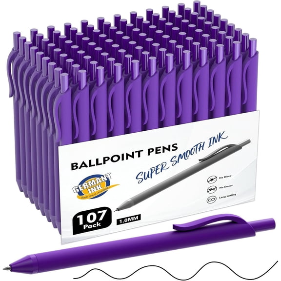 Ballpoint Pens Bulk - 107 count Black Ink Pens in Bulk | 1.0 Medium Point Smooth Writing, Retractable No Bleed Ball Point Pen for Men Women (Purple Barrel)