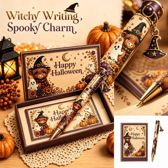 Ballpoint Writing Pen, Halloween Pen Set, Halloween Gift Box Set, Cute Halloween Decor for Desk Display, 7X2 Inch Luxury Decorative Pen with Printed Highland Cow, Smiling Ghost,