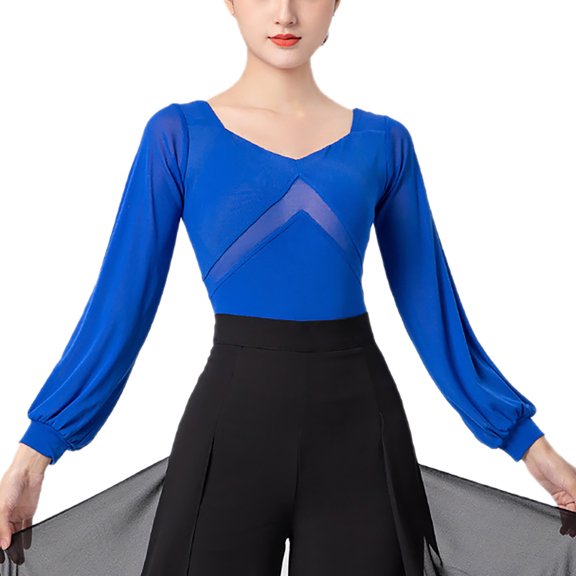 Ballroom Cha-Cha Merengue Samba Tango Dance Leotard T Shirt Practice Bodysuit Top Puff Sleeves For Ladies