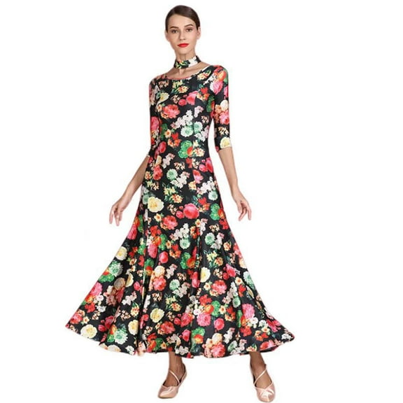 Ballroom Dance Dress for Women For Competition Smooth Printed, National Standard Long Sleeve Swing Skirt