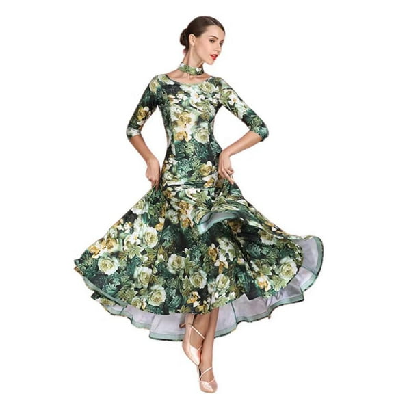 Ballroom Dance Dress for Women For Competition Smooth Printed, National Standard Long Sleeve Swing Skirt