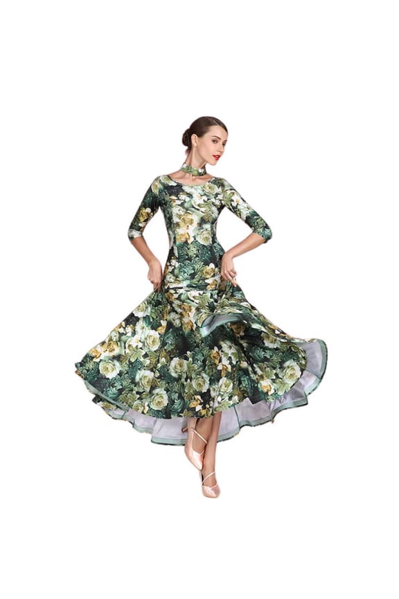 Ballroom Dance Dress for Women For Competition Smooth Printed, National Standard Long Sleeve Swing Skirt